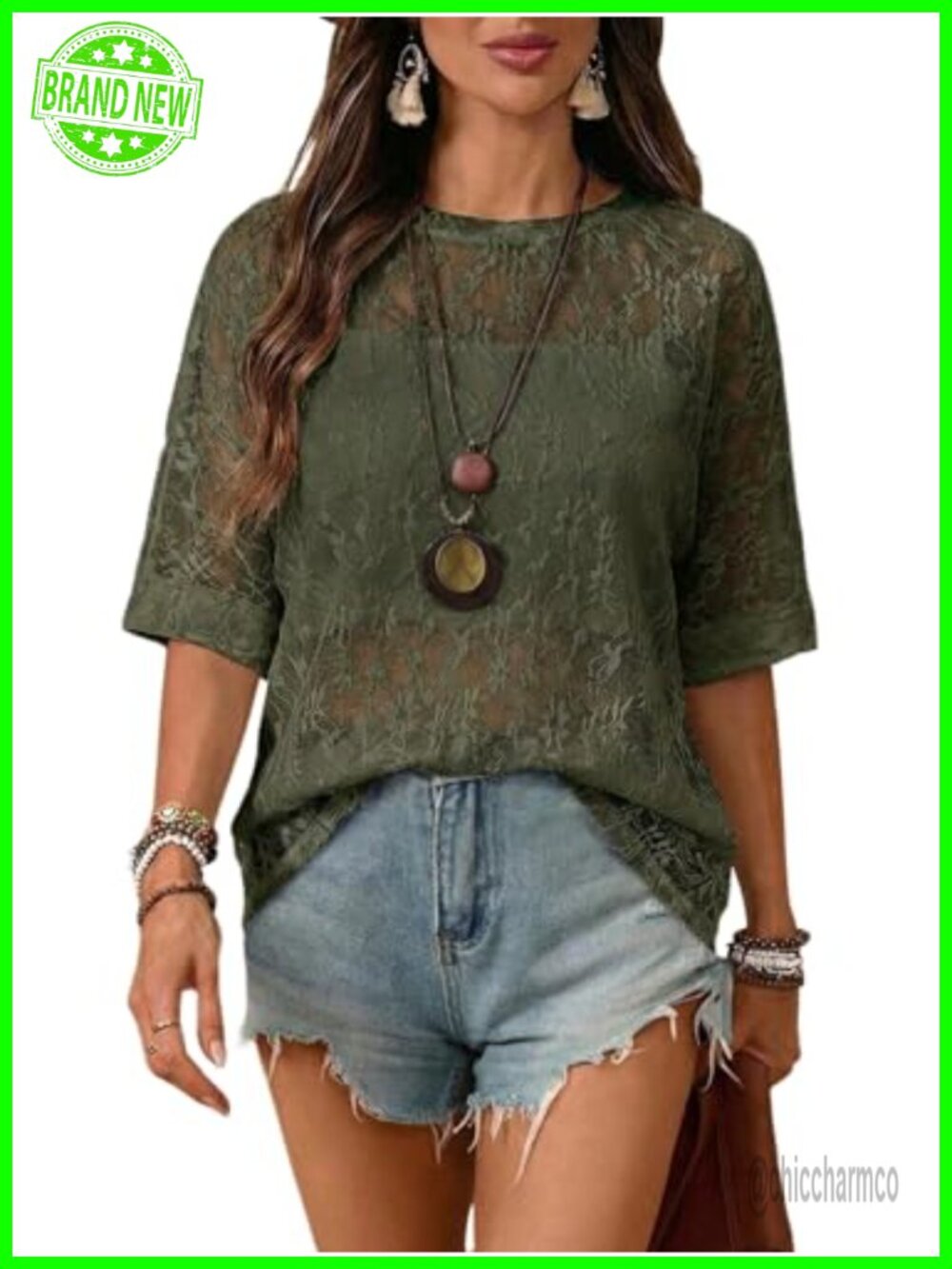 Boho Floral Mesh Lace Short Sleeve Top Loose Fit Summer Blouse